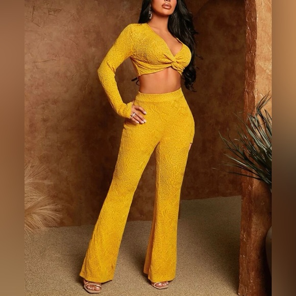 Mustard Yellow Crop Top & Flare Leg Pants Set - Picture 3 of 6